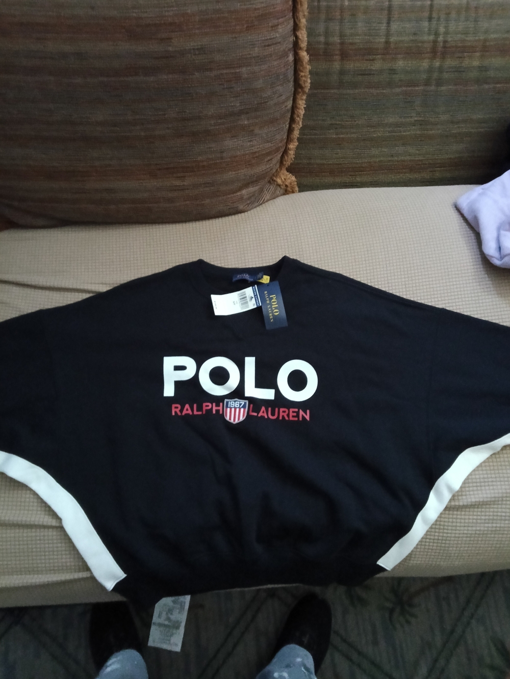 Polo by Ralph Lauren Black Crewneck with White Panels and Red Logo Text